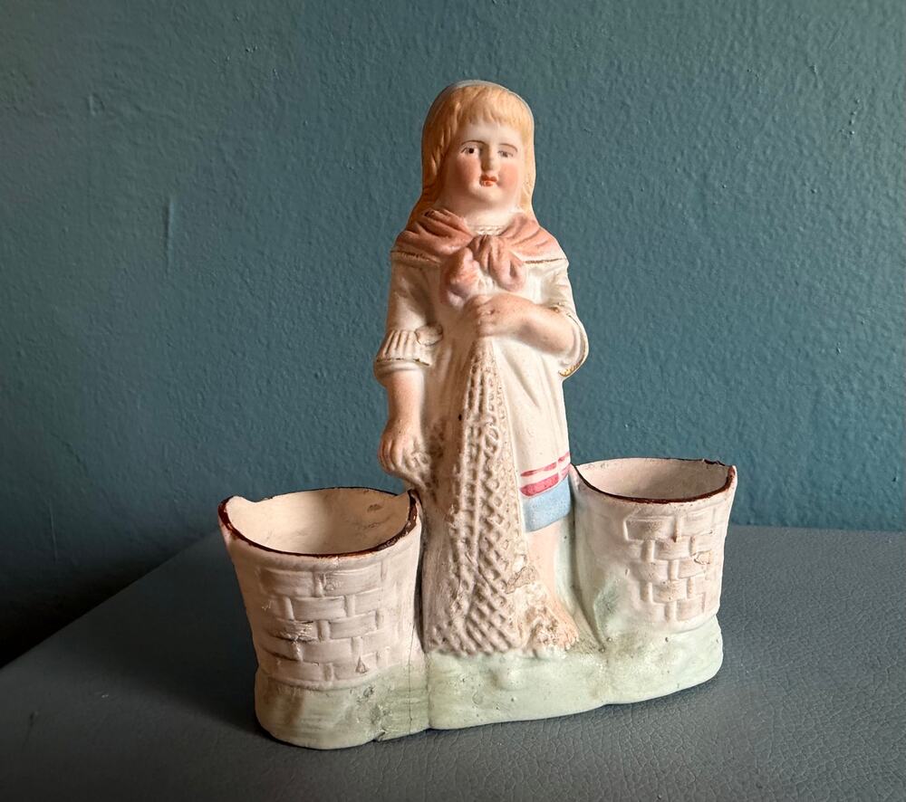 Antique German Bisque Match Holder - Victorian Fisher Girl Basket Spill Vase